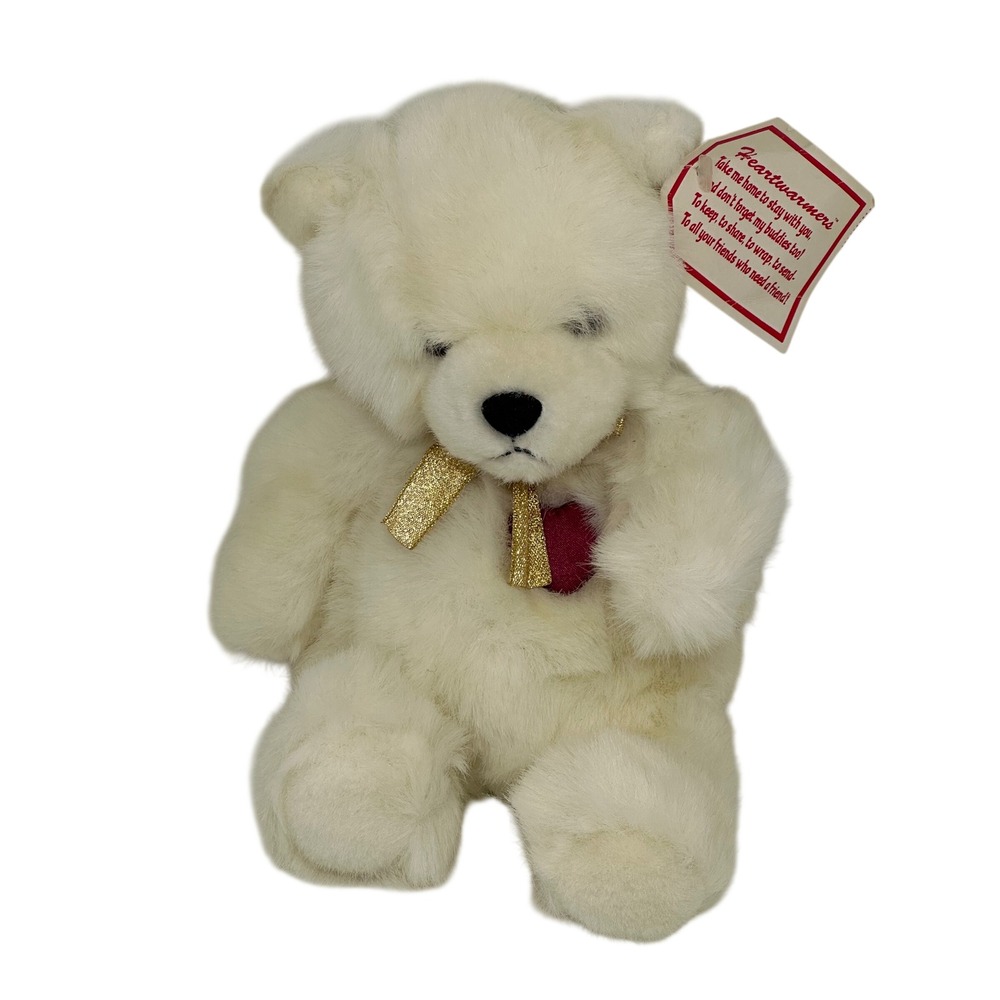 VTG Heartwarmers Carlton Cards Plush Teddy Bear White Gold‎ Bow Heart 9 inch